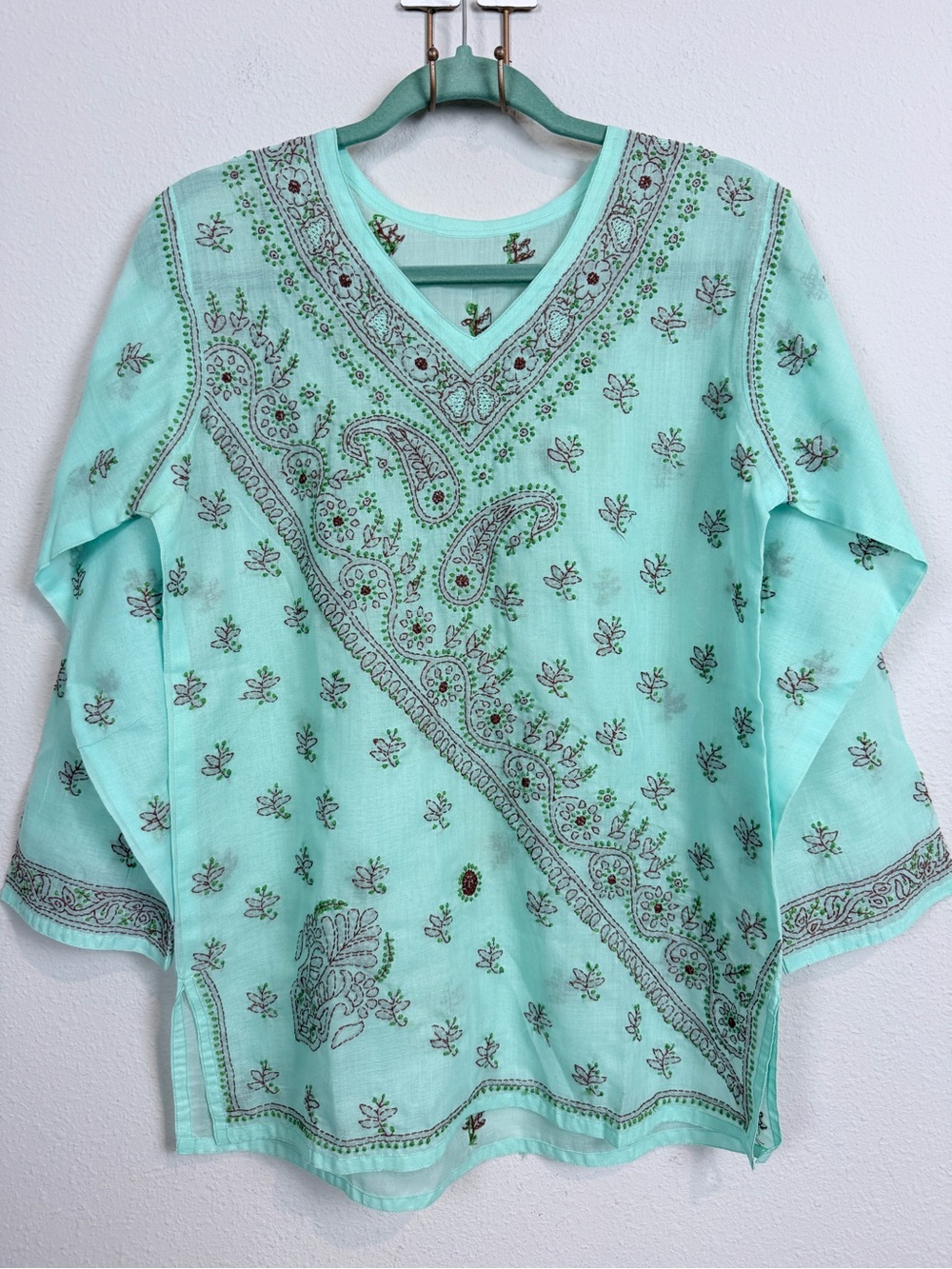 Handmade Aqua V-Neck Embroidered Tunic Top Made in India S